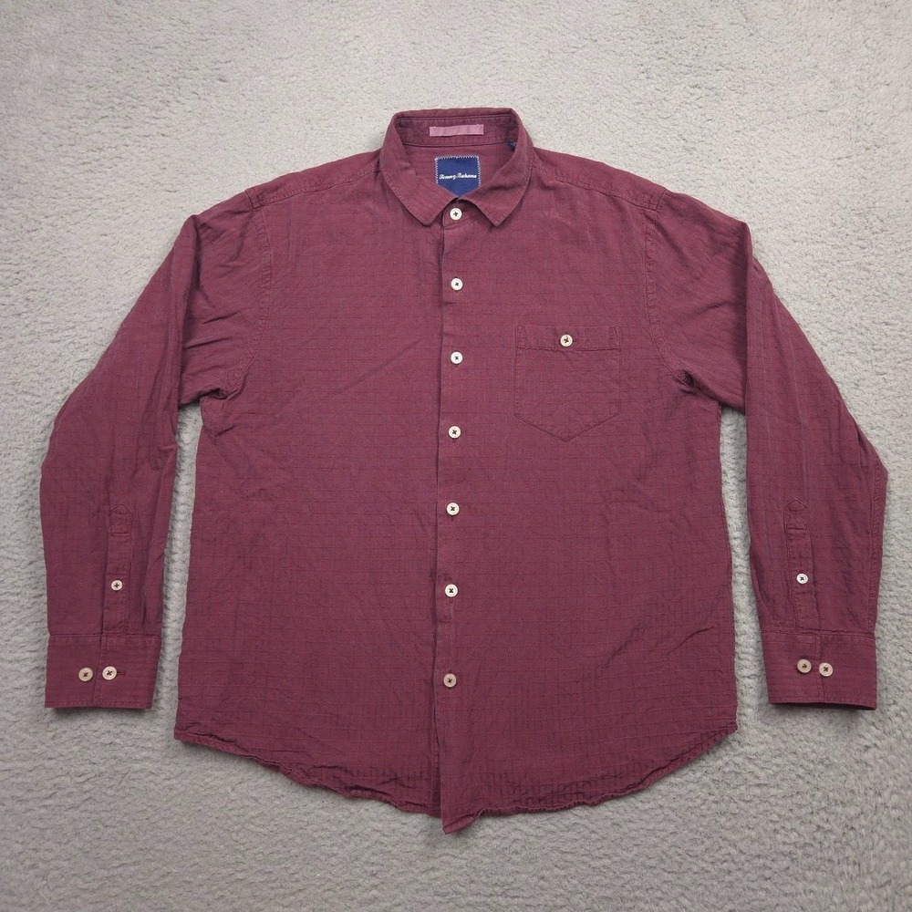 Tommy Bahama Aloha Isles Shirt Men L Silk Cotton Long Sleeve Burgundy Textured